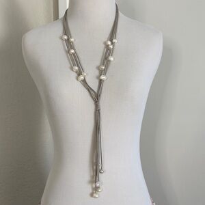 Pearl and Leather Lariat Necklace - Women Jewelry